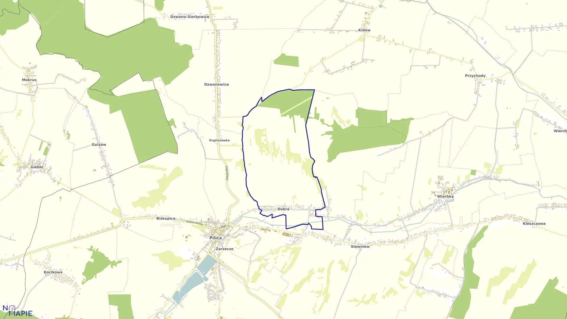 Mapa obrębu DOBRA w gminie Pilica