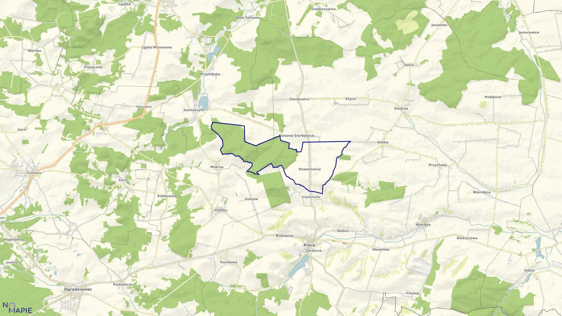 Mapa obrębu DZWONOWICE w gminie Pilica